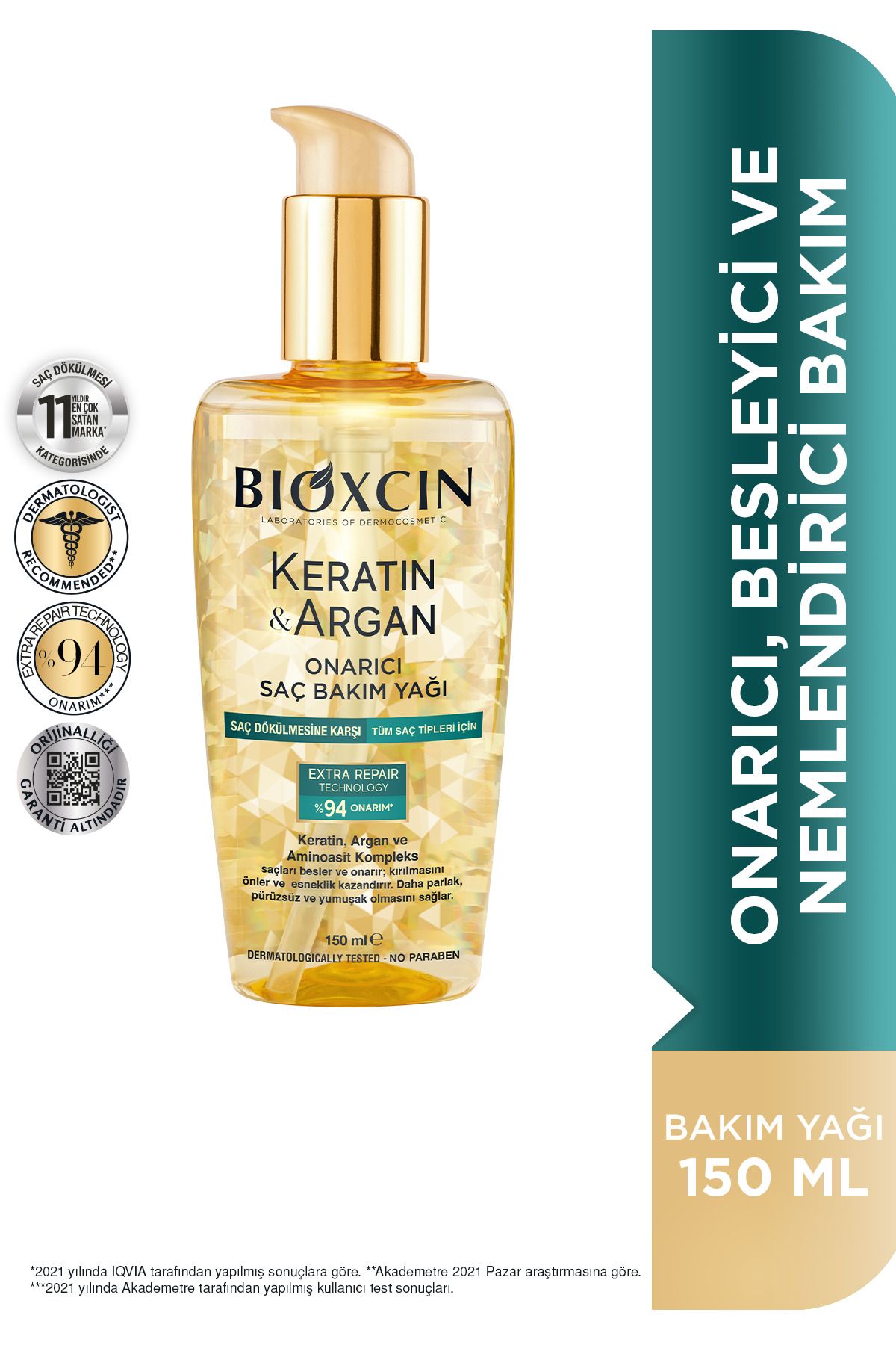 Bioxcin Keratin & Argan Onarıcı Saç Bakım Yağı – Yıpranmış ve Hassas Saçlar İçin 150 ML